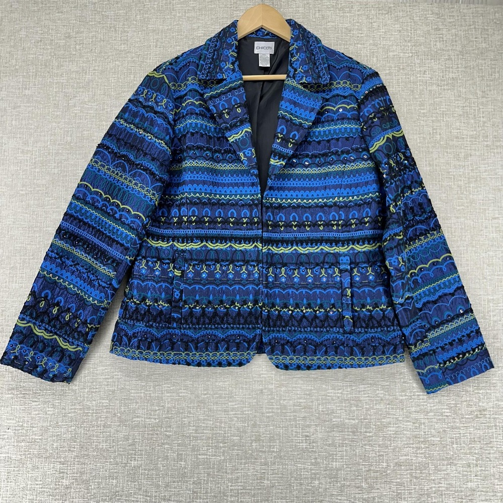Chicos Jacket Womens Size 2 (L/12) Blue Embroidered Textured Sequins Boho Blazer